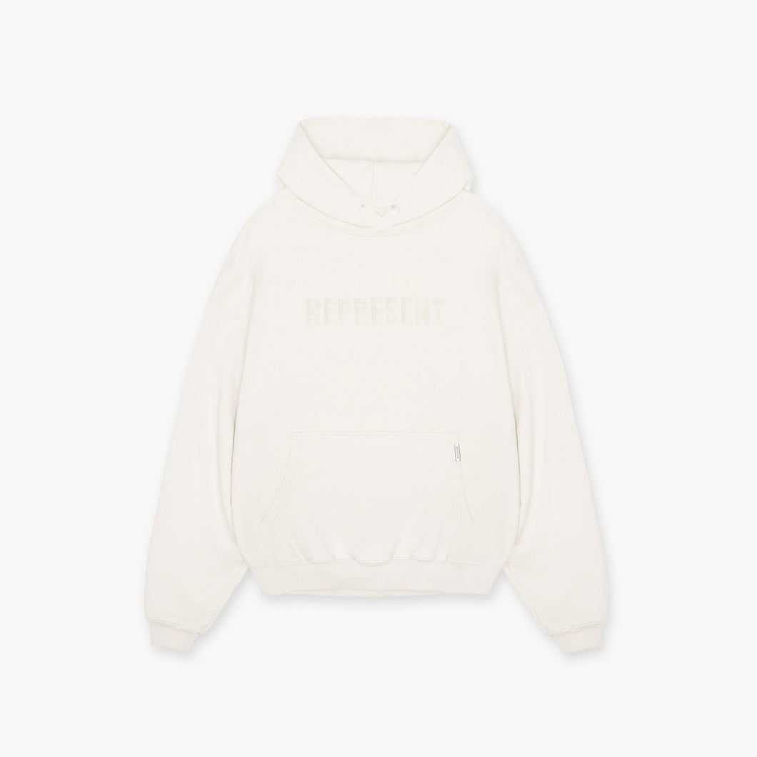 REPRESENT EMBROIDERED LOGO HOODIE VINTAGE FLAT WHTIE